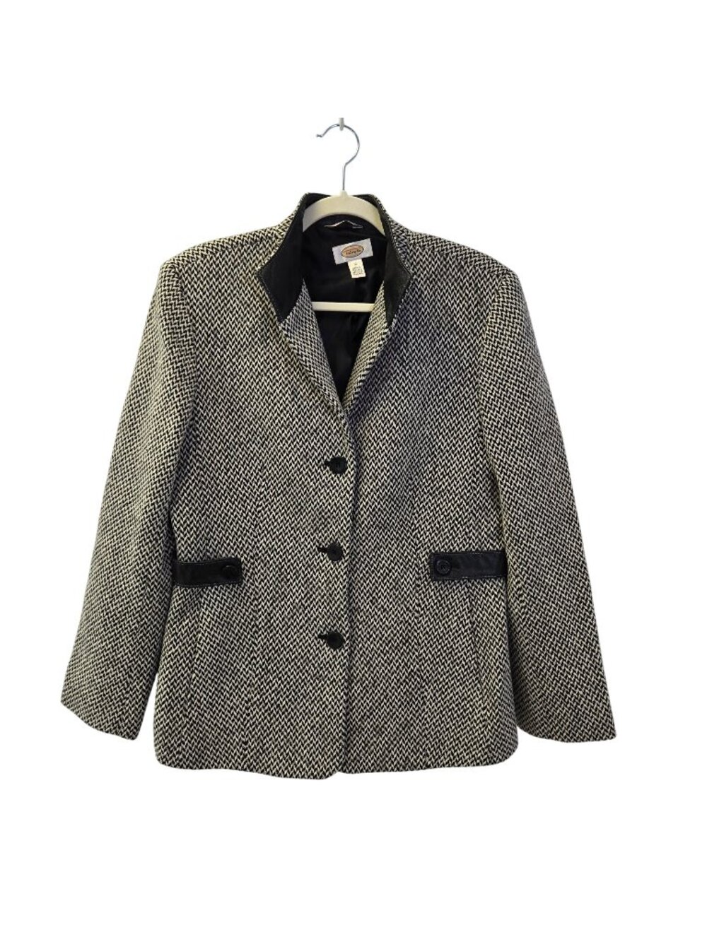 Talbots 100% Wool Herringbone Three Button Blazer w/Leather Trim Size 10